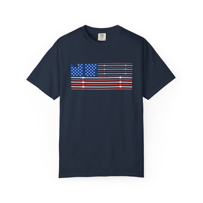 No Spotter Barbell American Flag Design: Unisex Garment-Dyed T-shirt